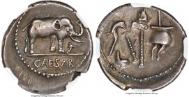 Julius Caesar, as Dictator (49-44 BC). AR denarius (20mm, 3.90 gm, 2h). NGC XF 4/5 - 3/5, light graffiti. Military mint traveling with Caesar in north...