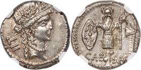 Julius Caesar, as Dictator (49-44 BC). AR denarius (18mm, 3.77 gm, 6h). NGC MS S 5/5 - 4/5. Military mint traveling with Caesar in Greece, Apollonia, ...