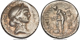 Julius Caesar, as Dictator (49-44 BC). AR denarius (19mm, 4.01 gm, 8h). NGC Choice VF 4/5 - 4/5, flan flaw. Sicily, perhaps Lilybaeum, ca. 47 BC, Aulu...