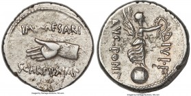 Octavian, as Sole Imperator (30-27 BC). AR denarius (19mm, 3.37 gm, 1h). NGC Choice XF 5/5 - 4/5, bankers mark. Cyrenaica, L. Pinarius Scarpus as prov...