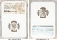 Augustus (27 BC-AD 14). AR denarius (19mm, 3.53 gm, 4h). NGC MS 4/5 - 3/5. Lugdunum, 15 BC. AVGVSTVS-DIVI•F, bare head of Augustus right / IMP•X, Augu...