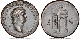 Nero, as Augustus (AD 54-68). AE sestertius (35mm, 28.68 gm, 7h). NGC Choice XF S 5/5 - 4/5, Fine Style. Rome, ca. AD 64. NERO CLAVD CAESAR AVG GERM P...