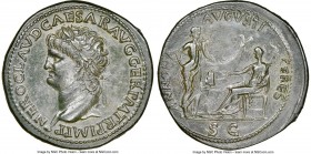 Nero, as Augustus (AD 54-68). AE sestertius (36mm, 25.36 gm, 6h). NGC Choice XF 4/5 - 4/5, die shift. Lugdunum, ca. AD 65. NERO CLAVD CAESAR AVG GER P...