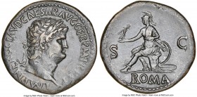 Nero, as Augustus (AD 54-68). AE sestertius (35mm, 27.84 gm, 7h). NGC Choice XF 5/5 - 3/5. Fine Style, edge marks. Rome, ca. AD 66. IMP NERO CLAVD CAE...