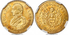 La Rioja. Provincial gold 2 Escudos 1842-R AU58 NGC, La Rioja mint, KM13, Fr-11. On the cusp of Mint State, this Argentine rarity offers fully outline...