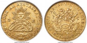 La Rioja. Provincial gold 2 Escudos 1843-RB AU55 NGC, La Rioja mint, KM17, Janson-54. Some lightening atop the highpoints reveals a brief past in circ...