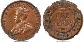 George V Penny 1925-(m) AU50 Brown NGC, Melbourne mint, KM23. A key date in the Australian Penny series. Lightly circulated and toned to a rich cocoa ...