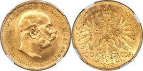 Franz Joseph I gold Restrike 100 Corona 1915 MS66 NGC, KM2819. A gleaming golden gem example of the type. AGW 0.9802 oz.

HID09801242017

© 2020 H...