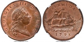 British Colony. George III Penny 1793 MS65 Brown NGC, Soho mint, KM5, Prid-5. By Droz. A delightful gem representative, with the chestnut-brown of its...