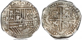 Philip II Cob 8 Reales ND (1574-1575) P-R XF40 NGC, Potosi mint, KM-MB5.1, Cal-347. 27.33gm. A rare variety issued under the assayer Alonso Rincon, de...