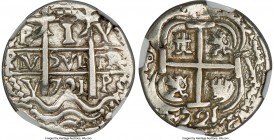Philip V "Royal" Real 1721 P-Y AU Details (Plugged) NGC, Potosi mint, cf. KM28 (not listed as a Royal issue), Cal-1343 (same). 3.19gm. A very rare "Ro...