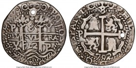Philip V "Royal" 8 Reales 1702 P-Y VF Details (Holed) NGC, Potosi mint, KM-R31, Lazaro-241 (R3). 26.08gm. A rare "Royal" strike, issued on a round fla...