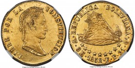 Republic gold 8 Scudos 1852 PTS-FP MS61 NGC, Potosi mint, KM116, Fr-33. Bathed in golden brilliance, this piece exhibits close to full detail with shi...