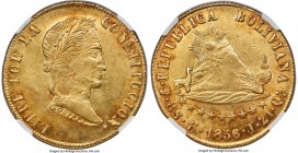 Republic gold 8 Scudos 1856 PTS-FJ MS63 NGC, Potosi mint, KM116, Onza-1604. A shimmering and wholly choice representative tinged in bright tangerine p...