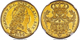 João V gold 6400 Reis 1748-B AU58 NGC, Bahia mint, KM151, LMB-148. An immensely satisfying gold offering, far rarer for its production at the Bahia mi...