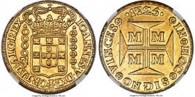 João V gold 20000 Reis 1725-M MS61+ NGC, Minas Gerais mint, KM117, LMB-249. A massive and highly prized early milled gold issue that remains especiall...
