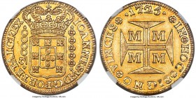 João V gold 20000 Reis 1725-M AU58 NGC, Minas Gerais mint, KM117, Fr-33, LMB-249. A glowing representative of this popular large-sized type, awash wit...