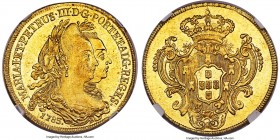Maria I & Pedro III gold 6400 Reis 1783-R MS62 NGC, Rio de Janeiro mint, KM199.2, LMB-465. A lovely specimen with shimmering golden fields and sharply...