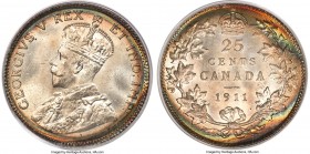 George V "Godless" 25 Cents 1911 MS66 PCGS, Ottawa mint, KM18. One-year type struck in the first year of George V's representation upon Canadian coina...