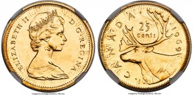 Elizabeth II Mint Error - Overstruck gold 25 Cents 1969 MS65 NGC, Royal Canadian mint, cf. KM62b. An extremely rare mint error or mint sport struck ov...