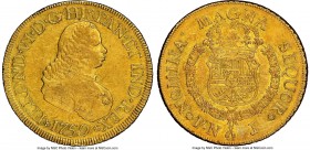 Ferdinand VI gold 8 Escudos 1759 PN-J AU53 NGC, Popayan mint, KM32.2, Onza-612. Displaying consistent light friction, with an abundance of golden lust...