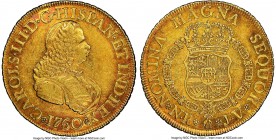 Charles III gold 8 Escudos 1760 NR-JV AU55 NGC, Nuevo Reino mint, KM38.1, Fr-23. Light and even wear, with an appealing red tone that gives way to hin...