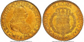 Charles III gold 8 Escudos 1761 NR-JV AU55 NGC, Nuevo Reino mint, KM38.1, Fr-23. Wholesome, with relatively little in the way of wear and permeated th...