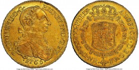 Charles III gold 8 Escudos 1765 NR-JV AU55 NGC, Nuevo Reino mint, KM41, Onza-850. An admirably preserved specimen, imbued throughout with a charming h...