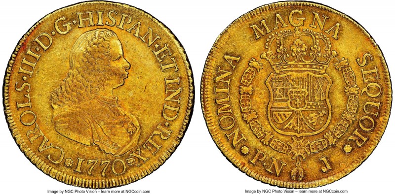Charles III gold 8 Escudos 1770 PN-J AU53 NGC, Popayan mint, KM38.2, Fr-24. Feat...