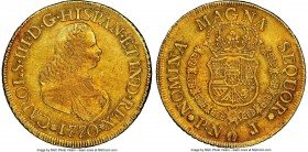 Charles III gold 8 Escudos 1770 PN-J AU53 NGC, Popayan mint, KM38.2, Fr-24. Featuring light wear as a result of a brief period in circulation, this ch...