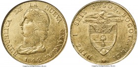 Nueva Granada gold 16 Pesos 1844 BOGOTA-RS AU58 NGC, Bogota mint, KM94.1, Fr-74. Pale gold in color and essentially Mint State, with only the barest h...