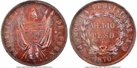 Provisional Republic copper Proof Pattern 1/2 Peso 1870 P-CT PR62 Red and Brown NGC, Potosi mint, KM-X4a. A scarce Pattern issue with hues of magenta ...