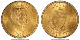 Republic gold 20 Pesos 1915 MS63 PCGS, Philadelphia mint, KM21. Wonderfully flashy luster over bright sun-gold surfaces. A choice representative of th...
