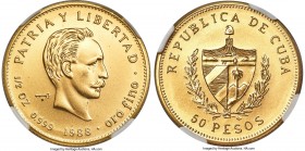 Republic gold "Jose Marti" 50 Pesos 1988 MS68 NGC, KM214, Fr-214. A nearly flawless type representative fielding full detail and satiny luster essenti...