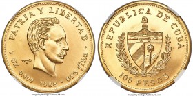 Republic gold "Jose Marti" 100 Pesos 1988 MS67 NGC, KM215, Fr-20. A very scarce issue that saw a total mintage of only 50 examples, according to the S...