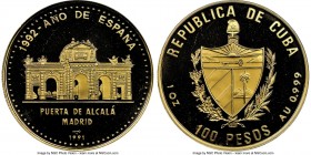 Republic gold Proof "Alcala Gate" 100 Pesos 1991 PR68 Ultra Cameo NGC, KM535. Mintage: 100. Featuring the Puerta de Alcala in Madrid. AGW 0.999 oz.
...