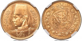 Farouk gold "Royal Wedding" 100 Piastres AH 1357 (1938) MS65 NGC, British Royal mint, KM372. A one-year commemorative type with a sparse mintage of on...