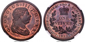 British Colony. George III Proof Stiver 1813 PR64 Red and Brown NGC, KM10, Prid-29a. Deeply toned surfaces dressed in chestnut and mahogany color, wit...