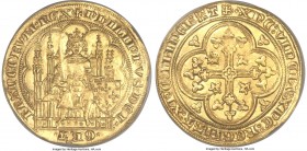 Philippe VI gold Écu d'Or à la chaise ND (1328-1350) MS63 NGC, Fr-270, Dup-249 var. (Duplessy lists triple annulet stops on the reverse). +PhILIPPVS: ...
