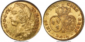 Louis XV gold 2 Louis d'Or 1758-BB MS62 NGC, Strasbourg mint, KM519.4, Fr-463, Gad-346. An admirable example with bold details and no noticeable flan ...