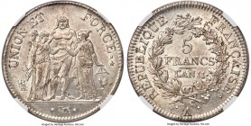 Republic 5 Francs L'An 11 (1802/1803) MS64 NGC, Paris mint, KM639.1, Dav-1337. Produced during the administration of the French Consulate, which saw N...