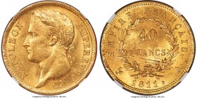 Napoleon gold 40 Francs 1811-A MS63 NGC, Paris mint, KM696.1. Satiny and lustrous with only light instances of contact precluding higher certification...