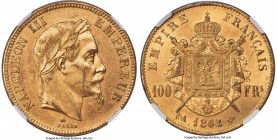 Napoleon III gold 100 Francs 1862-A MS62 NGC, Paris mint, KM802.1, Fr-551, Gad-1136. Mintage: 6,650. Well produced, with an appearance of satin overla...