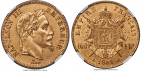 Napoleon III gold 100 Francs 1862-A MS61 NGC, Paris mint, KM802.1, Fr-551, Gad-1136. A noteworthy specimen, possessing darkened patina at the raised e...