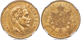 Napoleon III gold 100 Francs 1866-A MS60 NGC, Paris mint, KM802.1, Fr-551, Gad-1136. Mintage: 9,041. Sharply defined, with intricate detailing fully r...