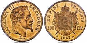 Napoleon III gold 100 Francs 1867-A MS60 NGC, Paris mint, KM802.1, Gad-1136. Mintage: 4,309. Paris mint issue with strong detail over the raised porti...