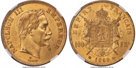 Napoleon III gold 100 Francs 1869-BB MS62 NGC, Strasbourg mint, KM802.2, Fr-551, Gad-1136.Mintage: 14,000. The final year of issue, with expansive fie...