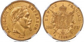 Napoleon III gold 100 Francs 1869-A MS61 NGC, Paris mint, KM802.1, Gad-1136. Typical quality for the type, with a bold portrait and light amber patina...