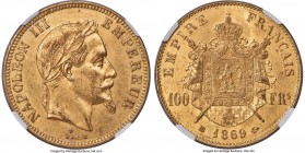 Napoleon III gold 100 Francs 1869-BB MS61 NGC, Strasbourg mint, KM802.2, Fr-551, Gad-1136. An uncirculated example with sharply defined devices, umber...