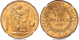 Republic gold 100 Francs 1882-A MS64 NGC, Paris mint, KM832, Fr-590. Satin-sheathed surfaces in rose-hued gold all but glow on this borderline gem exa...